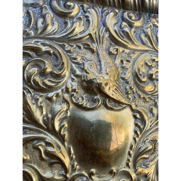 Ornate Repousse Brass Tray Baroque-Style Design Engraved Bird Motif - Picture 4 of 9